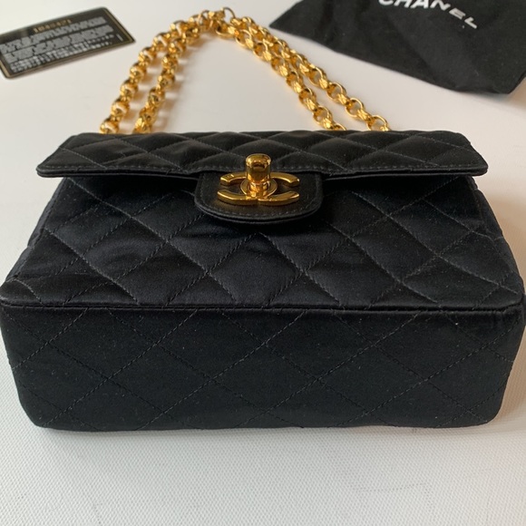 CHANEL 🖤RARE Vintage “1” Series Real Gold Bijoux Chain Black Satin Quilted Bag - Picture 13 of 16